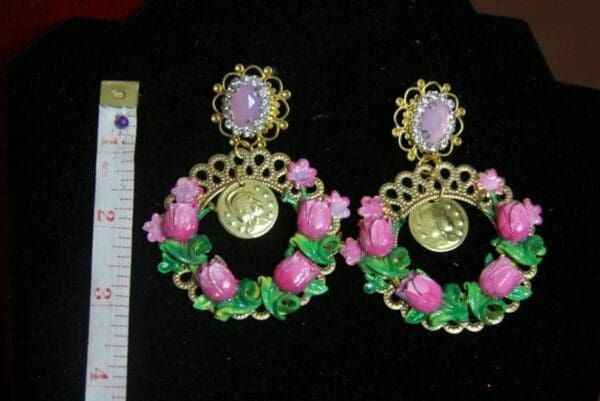 SOLD! 2186 Designer Inspired Hand Painted Tulips Coin Studs Earrings - Image 6