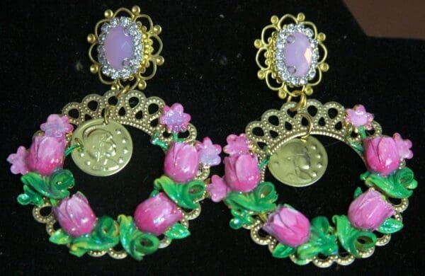 SOLD! 2186 Designer Inspired Hand Painted Tulips Coin Studs Earrings - Image 3