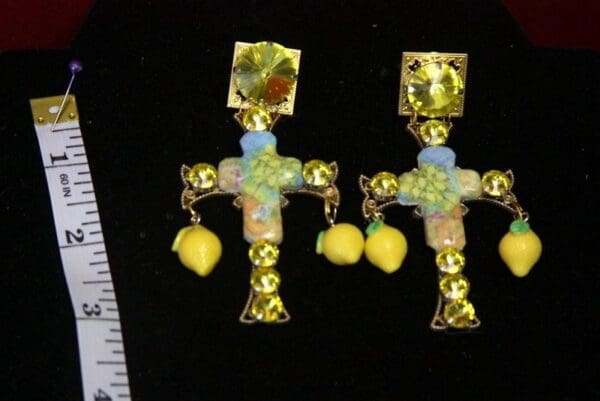 SOLD! 2204 Lemon Sicilian Print Cross Yellow Crystal Studs - Image 4