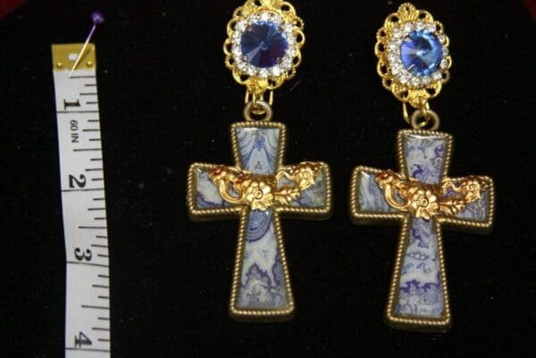 SOLD! 2206 Baroque Sicilian Tile Print Massive Blue Crystal Cross Earrings - Image 4