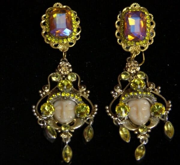 SOLD! 2211 Genuine Carved Jasper Face Cytrine Yellow Crystal Studs - Image 2