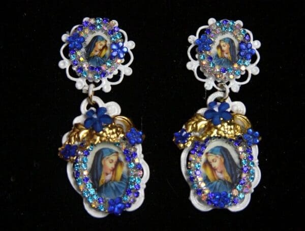 SOLD!2213 Virgin Mary Blue White Elegant Earrings Studs