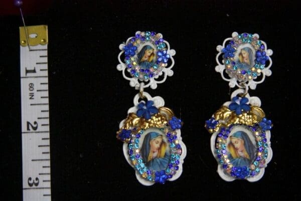 SOLD!2213 Virgin Mary Blue White Elegant Earrings Studs - Image 2