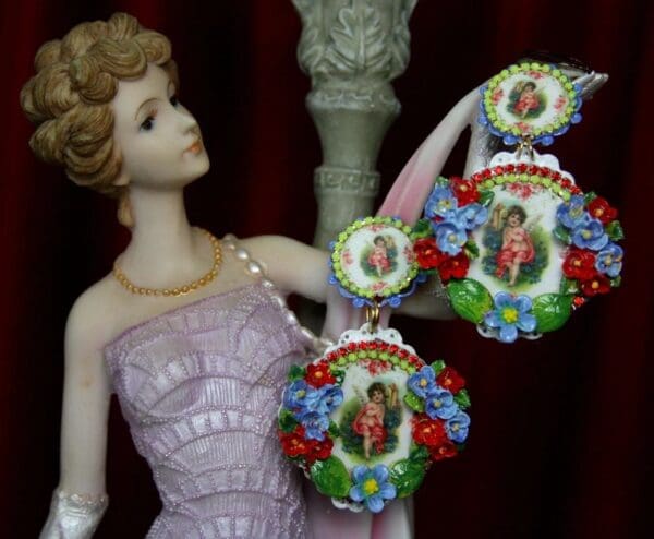 SOLD! 2214 Baroque Hand PAinted Flower Cherub Cupid Studs Earrings - Image 2