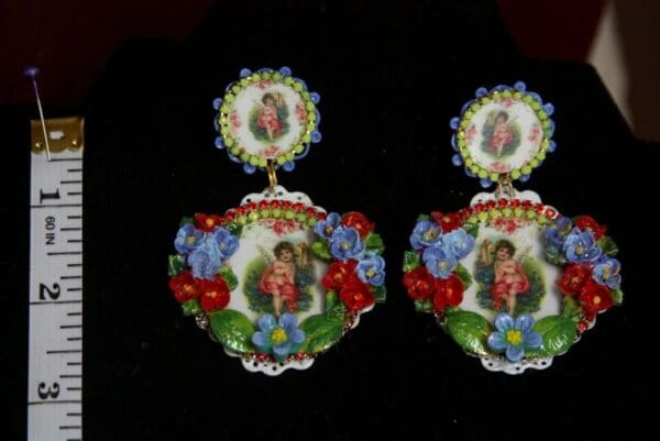 SOLD! 2214 Baroque Hand PAinted Flower Cherub Cupid Studs Earrings - Image 5