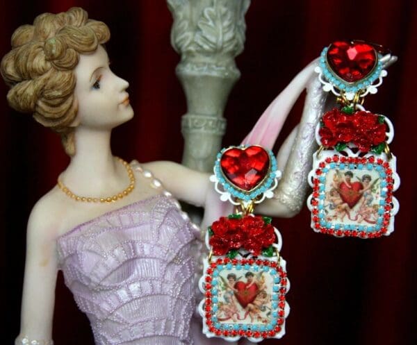 SOLD! 2215 Cupids Caroque Adorable Red Rose Heart Studs Earrings - Image 2