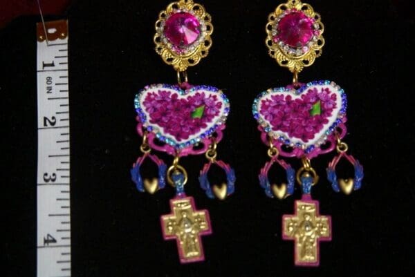 SOLD! 2216 Baroque Fuchsia Cross Heart Earrings - Image 4