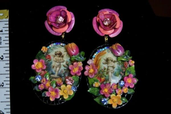 SOLD! 2217 Baroque HAnd Painted Flower Massive Studs Earrings - Image 7