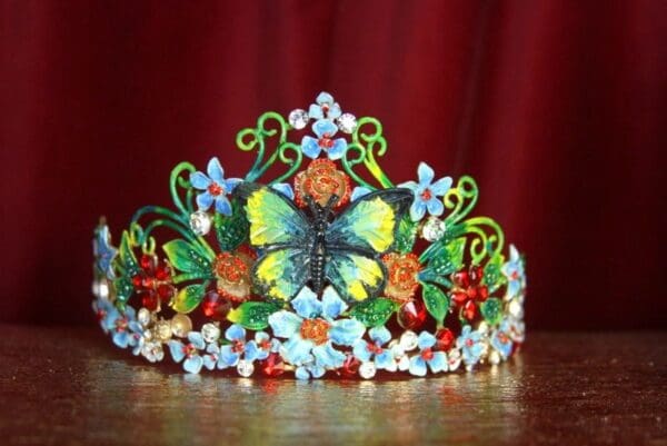 SOLD! 2223 Hand Painted Butterfly Art Nouveau Crystal Tiara Crown - Image 7