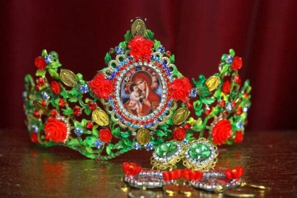 SOLD! 2224 Set Of Hand Painted Virgin Mary Coin Tiara + Earrings - Image 4