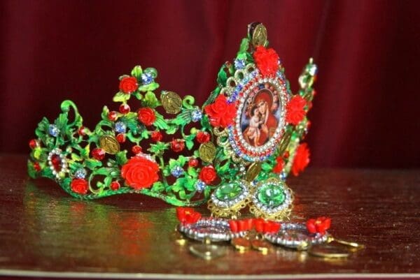 SOLD! 2224 Set Of Hand Painted Virgin Mary Coin Tiara + Earrings - Image 6