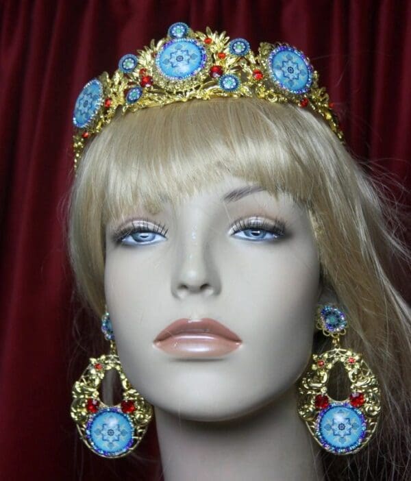 SOLD! 2228 Set Of Sicilian Tile Print Crystal Cameo Tiara+ Earrings - Image 3