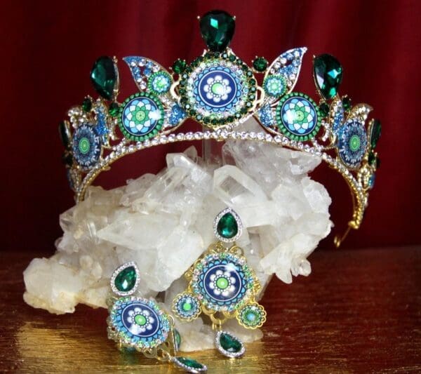 SOLD! 2229 Set Of Sicilian Tile Print Green Crystal Tiara+ Earrings