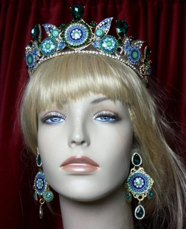 SOLD! 2229 Set Of Sicilian Tile Print Green Crystal Tiara+ Earrings - Image 8