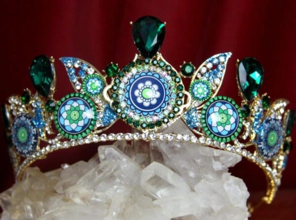 SOLD! 2229 Set Of Sicilian Tile Print Green Crystal Tiara+ Earrings - Image 5