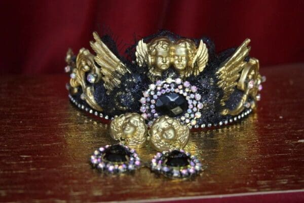 SOLD! 2236 Set Of Cherub Black Crystal Winged Headband Plus Earrings - Image 7