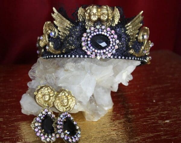 SOLD! 2236 Set Of Cherub Black Crystal Winged Headband Plus Earrings - Image 2
