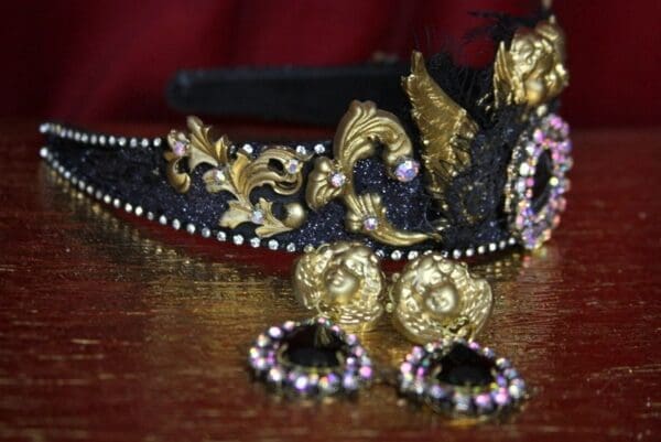 SOLD! 2236 Set Of Cherub Black Crystal Winged Headband Plus Earrings - Image 3