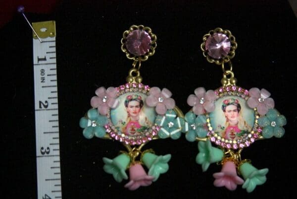 SOLD! 2255 Frida Kahlo Cameo Aqua Pink Flower Studs Earrings - Image 3