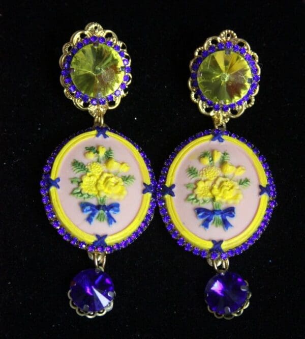 SOLD! 2266 Hand Painted Yellow Flower Camep Blue Crystal Studs Earrinhs