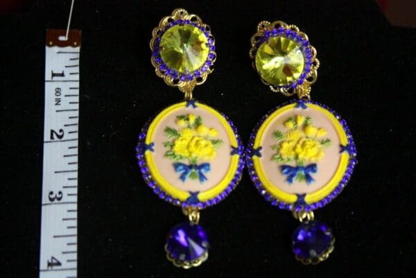 SOLD! 2266 Hand Painted Yellow Flower Camep Blue Crystal Studs Earrinhs - Image 4