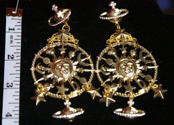 SOLD! 2269 Gold Tone Massive Star Moon Satellite Dangle Earrings - Image 6