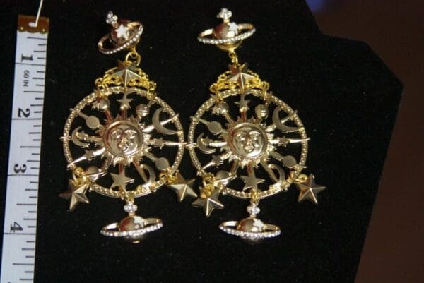 SOLD! 2269 Gold Tone Massive Star Moon Satellite Dangle Earrings - Image 5