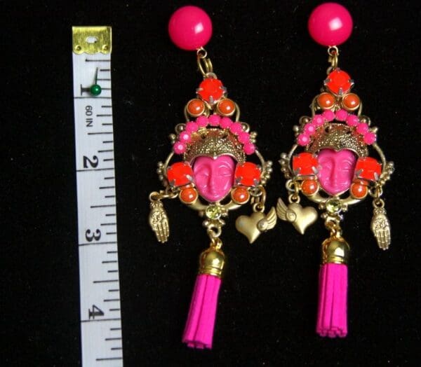 SOLD! 2274 Genuine Jasper Fuchsia Orange Tassel Studs Earrings - Image 4