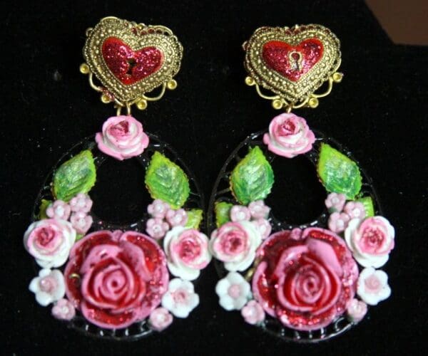 SOLD!2280 Baroque Designer Inspired Heart Hand Painted Roses Massive Earrings