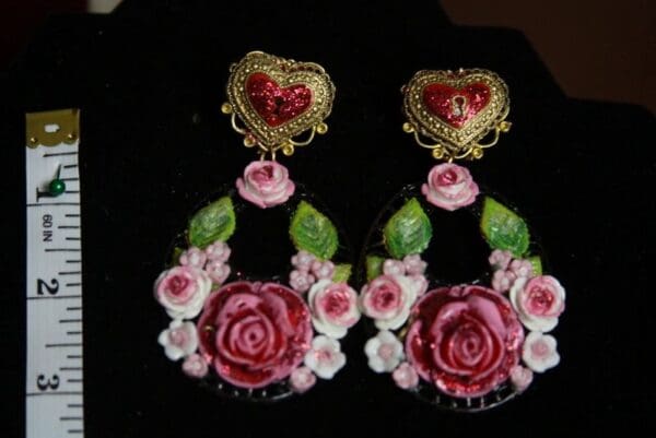 SOLD!2280 Baroque Designer Inspired Heart Hand Painted Roses Massive Earrings - Image 2