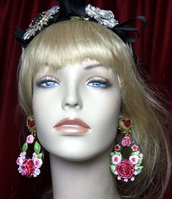 SOLD!2280 Baroque Designer Inspired Heart Hand Painted Roses Massive Earrings - Image 4