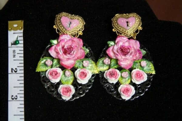 SOLD! 2281 Baroque Hand Painted Pink Rose Heart Studs - Image 2