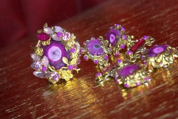 SOLD! 2282 Set Of Genuine Purple Agate Baroque Studs + Cocktail Adjustable Ring - Image 6
