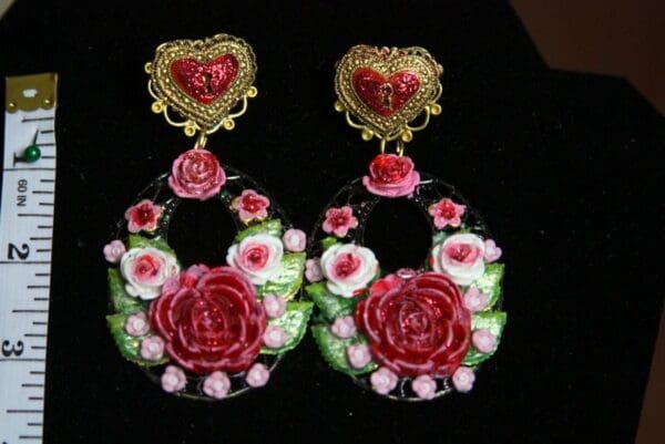 SOLD! 2283 Baroque Hand Painted Rose Heart Studs Earrings - Image 2