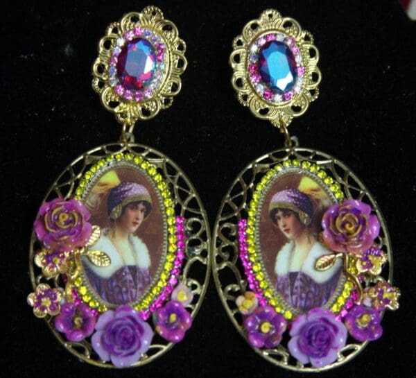 SOLD! 2299 Art Deco 20-s Hand Painted Flower Purple Crystal Studs