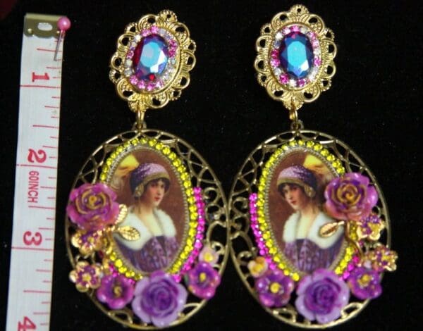 SOLD! 2299 Art Deco 20-s Hand Painted Flower Purple Crystal Studs - Image 6