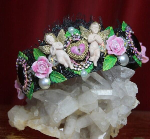 SOLD! 2301 Set Of Baroque Hand Painted Cherubs Roses Heart Lace Glitter Headband Tiara+ Earrings - Image 2