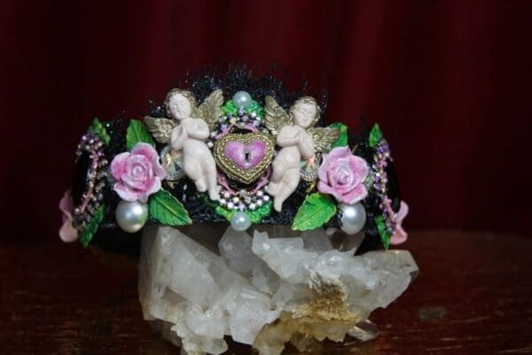SOLD! 2301 Set Of Baroque Hand Painted Cherubs Roses Heart Lace Glitter Headband Tiara+ Earrings - Image 3