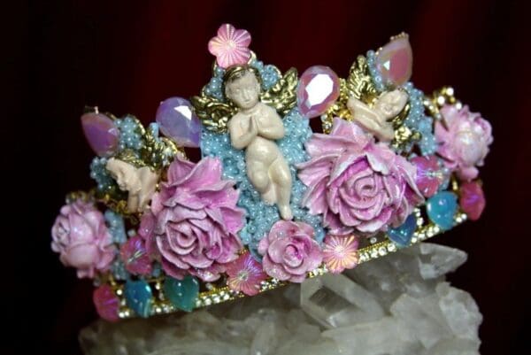SOLD! 2310 Set Of Baroque Hand Painted Roses Beaded Cherubs Tiara+ Earrings - Image 2