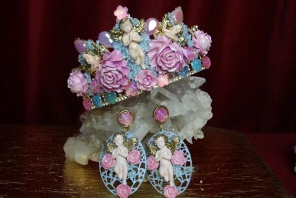 SOLD! 2310 Set Of Baroque Hand Painted Roses Beaded Cherubs Tiara+ Earrings - Image 7
