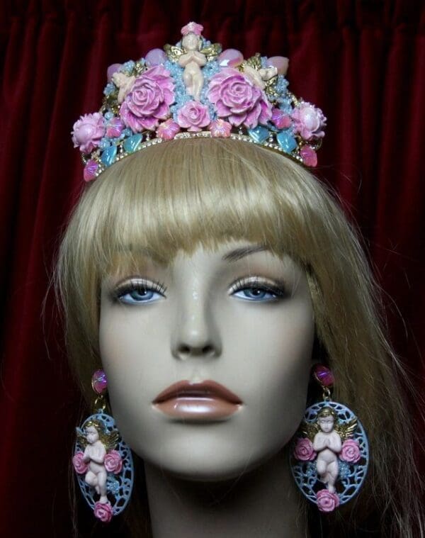 SOLD! 2310 Set Of Baroque Hand Painted Roses Beaded Cherubs Tiara+ Earrings - Image 4