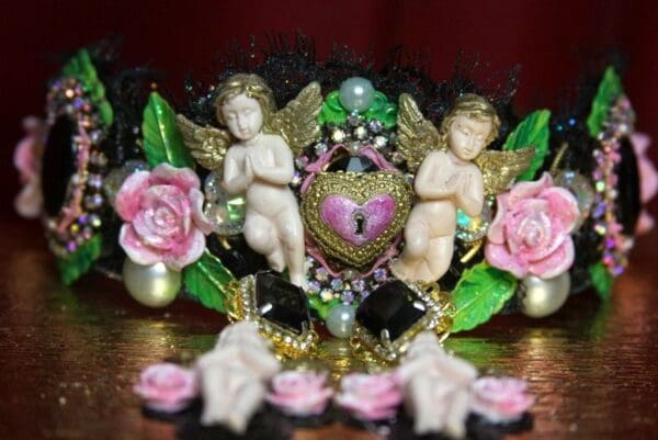 SOLD! 2301 Set Of Baroque Hand Painted Cherubs Roses Heart Lace Glitter Headband Tiara+ Earrings - Image 5