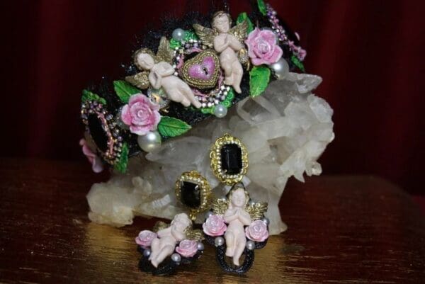 SOLD! 2301 Set Of Baroque Hand Painted Cherubs Roses Heart Lace Glitter Headband Tiara+ Earrings - Image 9