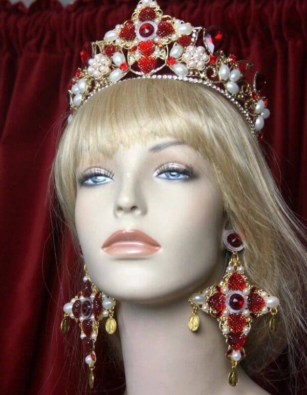 SOLD! 2315 Alta Moda Huge Light Weight Pearl Coin Cross Red Earrings