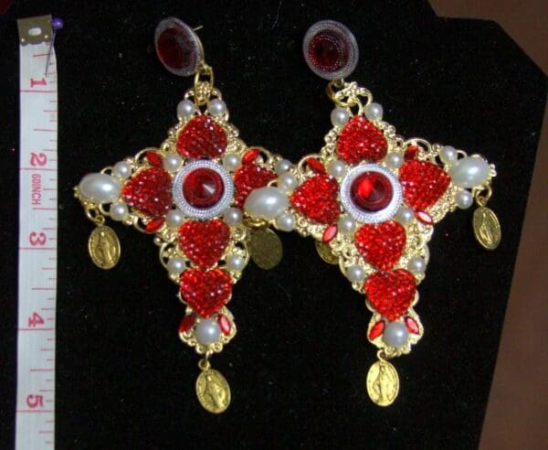 SOLD! 2315 Alta Moda Huge Light Weight Pearl Coin Cross Red Earrings - Image 4