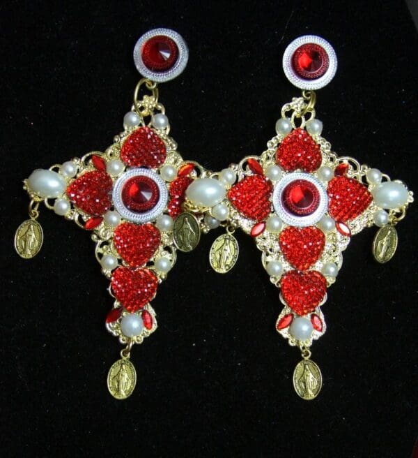 SOLD! 2315 Alta Moda Huge Light Weight Pearl Coin Cross Red Earrings - Image 5