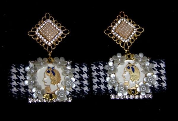 SOLD! 2331 Madam Coco Houndstooth Bow Pearl Flower Studs Earrings - Image 2