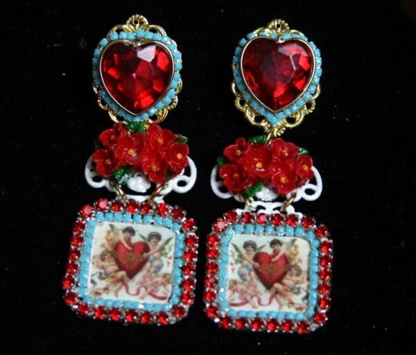 SOLD! 2344 Hand Painted Red Rose Cherubs Red Crystal Heart Studs - Image 7