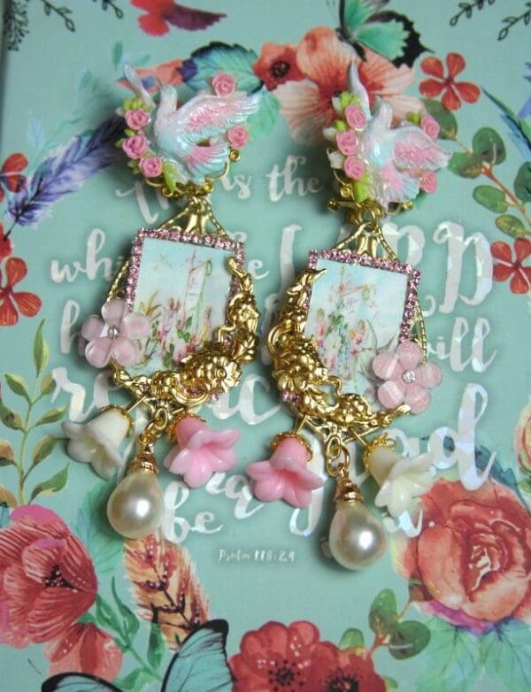 SOLD! 2345 Hand Painted Dove Stunning Aqua Studs Earrings - Image 7