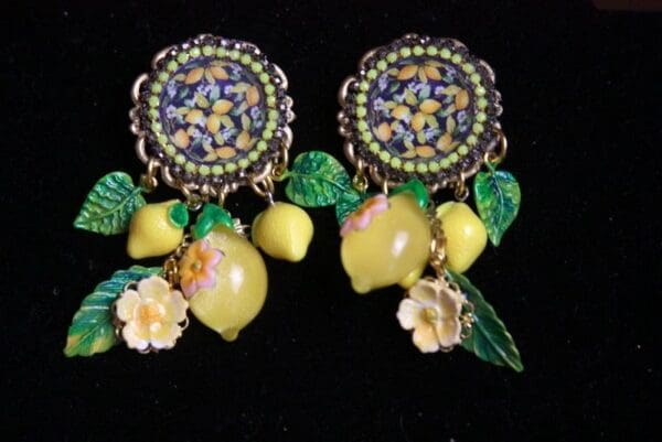 SOLD! 2347 Lemon Cameo Print Dangle Lemons Flowers Studs Earrings
